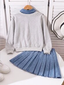 少女休閒學院風春夏/秋冬新款蝴蝶結條紋素色落肩長袖假兩件式衛衣 + 百褶條紋裙兩件套，舒適校園穿搭，開學季四季通用服飾 - 彩色 - 查看 2