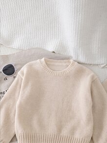 SHEIN Vintaside Kids 女童純色圓領長袖針織毛衣與直筒針織長褲套裝，休閒外出派對百搭款 - 杏色 - 查看 7