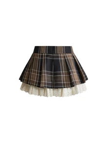 ROMWE Kawaii Vintage Plaid Cotton Lace Ruffle Hem Mini Pleated Skirt For Women - Multicolor - View 2
