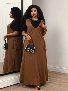 Slaydiva Plus Size Women's V-Neck Cargo Pocket Casual Denim Overall Dress - Blue - View 5