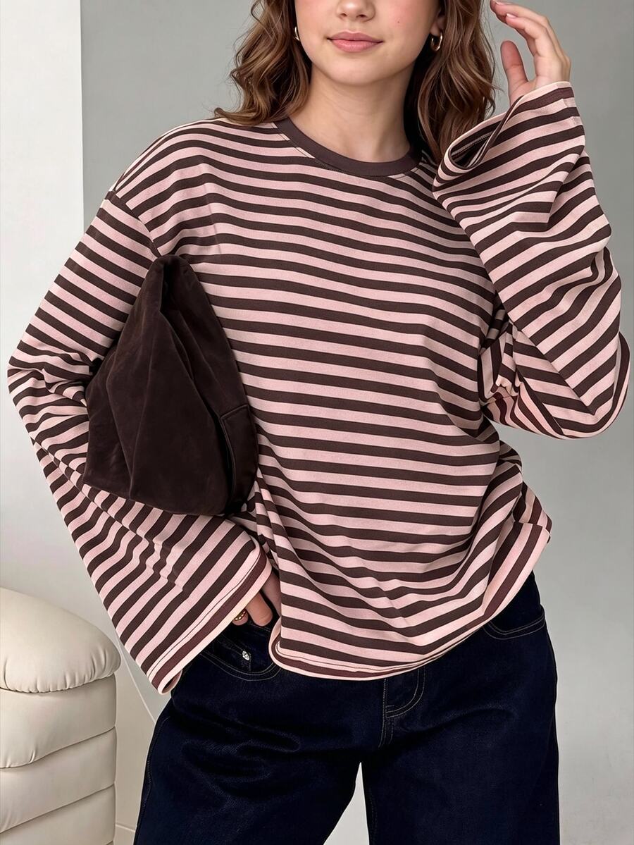 SHEIN تي شيرت فتيات مراهقات وردي وبني مخطط بياقة دائرية وأكمام طويلة لفصل الخريف، ملابس العودة إلى المدرسة - متعدد الألوان - مشاهدة 1