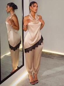 BamGleam Champagne Satin Draped Neck Cowl Neck Set For Women, Asymmetrical Lace Trim Top And Cuffed Lantern Pants 2 Pieces Set - Champagne - View 6