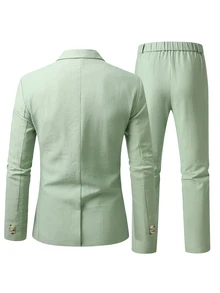 Manfinity Bizformal 男士鼠尾草綠色 2 件套西裝，夏季休閒商務婚禮西裝套裝，西裝外套與長褲，正式舞會西裝，適合日常穿著，給丈夫的儀式禮物... - 綠色 - 查看 2