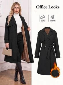 SHEIN Clasi 女款時尚百搭鈕扣口袋長袖風衣 - 黑色 - 查看 6