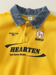 SHEIN 2pcs Baby Boy Autumn/Winter Letter Print Contrast Color Shirt Collar Long Sleeve Pullover Sweatshirt & Denim Jeans Two Pieces Set, Yellow Sweatshirt Racing Outfit, Sweatshirt Set, Denim Set - Multicolor - View 8