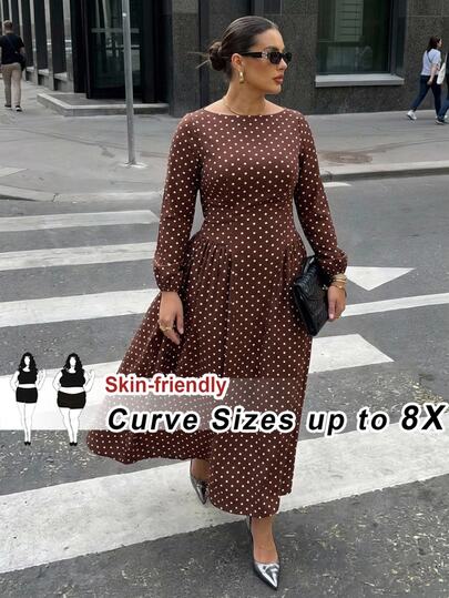 SHEIN CURVE+ Women's 22W French Brown And White Polka Dot Print Pleated Long Sleeve Dress Dinner Date Holiday
