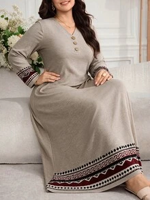 Al Najma Plus Size Women's Patchwork Geometric Print Long Sleeve Button Design Casual Arabian Dress - Light Grey - View 1