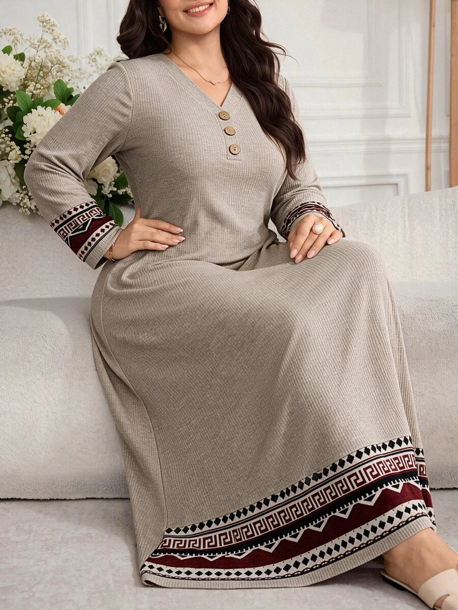 Al Najma Plus Size Women's Patchwork Geometric Print Long Sleeve Button Design Casual Arabian Dress - Light Grey - View 1