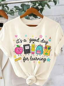 EMERY ROSE Good Days 學習主題 T-shirt，教師生活 T-shirt，返校季 T-shirt，幼兒園教師文具 T-shirt，蠟筆、蘋果、鉛筆圖案 - 杏色 - 查看 1