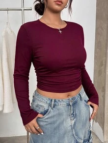 SHEIN EZwear 女款純色抓皺修身百搭長袖T恤，適合日常穿著 - 酒紅色 - 查看 1