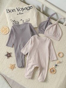 新生兒4件套：2件條紋抓絨連身衣搭配2頂帽子，休閒舒適防寒防踢開居家服 - 彩色 - 查看 3