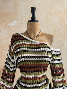Soleia Women's Plus Size Autumn/Winter Knit Striped Flared Long Sleeve Asymmetric Shoulder Sweater Dress - Multicolor - View 7