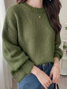 DAZY Women's Solid Color Drop Shoulder Crew Neck Casual Loose Pullover Sweater - Green - View 5