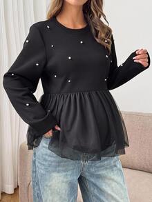 Dazy Maternity Contrast Mesh Hem Beaded Decor Loose Long Sleeve Casual Vacation Girl Korean Style Autumn/Winter Top Maternity T-Shirt - Black - View 5
