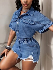 Women's Single-Breasted Frayed Hem Casual Daily Denim Romper - Medium Wash - View 6