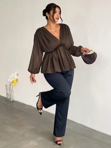 Firerie Plus Size Women Solid Color V-Neck Lantern Sleeve Ruffle Hem Fashion Blouse - Coffee Brown - View 6