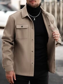 Manfinity CasualCool 男士素色長袖單排扣休閒口袋大衣 - 卡其色 - 查看 3