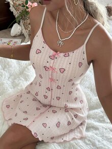 CottageSlumber Soft Pink Heart Pattern Nightgown With Delicate Bow Decor, Lazy Home Cami Dress - Baby Pink - View 5