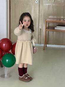 DAZY Baby Girl Round Neck Color Block Ruffle Cute Long Sleeve Dress - Beige - View 7