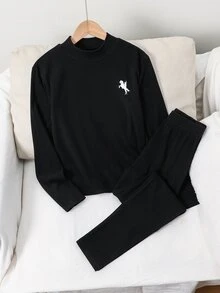 SHEIN 兒童青少年男孩休閒純色加厚保暖內裡中領長袖底層T恤與長褲內著套裝，適合居家穿著，適合疊穿，適合秋冬季節 - 黑色 - 查看 5