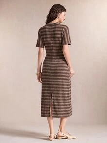 BizChic Gaun Lengan Pendek Kasual Bergaris untuk Wanita, Cocok untuk Musim Panas Sehari-hari - Coklat - View 2