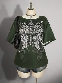 SHEIN CURVE+ 深綠色布料骷髏印花上衣，2026夏季常規大尺碼 22W 女款萬聖節服裝，適合夜晚外出、度假、Y2K、Kawaii、90年代風格 - 軍綠色 - 查看 9