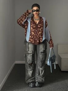 Maweii Cardigan Rajut Lengan Panjang Kancing Tunggal Motif Leopard Blok Warna untuk Wanita Ukuran Plus - Biru - View 6