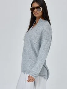 MUSERA Deep V Contrast Ribbed Hem Knitted Oversized Loose Fit Jumper Fall Autumn Winter Coolgirl Back To School Blancs - Grey - View 4