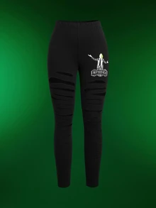 Beetlejuice X SHEIN Women's Sexy Letter Print Distressed Fashion Leggings - Black - View 1