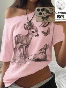 Tseoso Casual Minimalist Full Print Pattern One Shoulder Dropped Shoulder Short Sleeve Loose Fit Women's T-Shirt - Pink - View 1