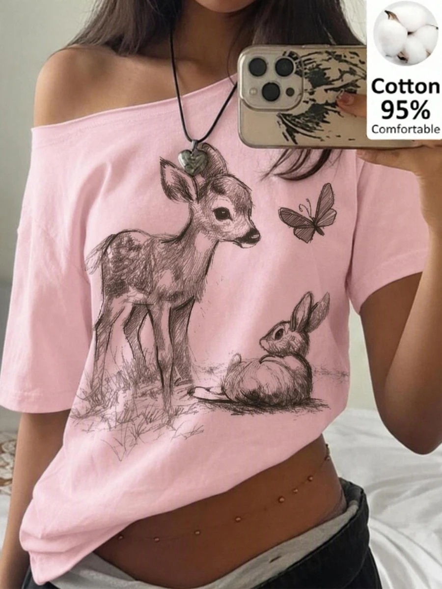 Tseoso Casual Minimalist Full Print Pattern One Shoulder Dropped Shoulder Short Sleeve Loose Fit Women's T-Shirt - Pink - View 1