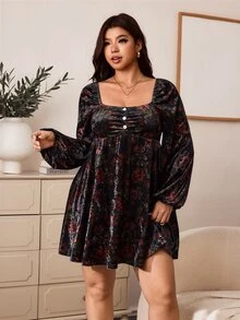 Enliva 大尺碼女款天鵝絨花卉迷你洋裝 方領長袖娃娃洋裝 萬聖節靈感哥德浪漫風 修身顯瘦 適合蘋果型身材 - 黑色 - 查看 4