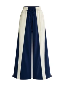 ROMWE Street Life Women's Outdoor Sports Nylon Colorblock Patchwork Low Waist Wide Leg Long Pants - Navy Blue - View 1