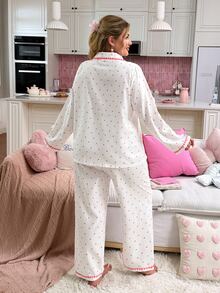 Slumberry CURVE Plus Size Women Heart Print Lapel Shell Trim Long Sleeve Pants Pajama Set - Pink - View 2