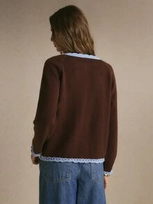 Poéselle Women's Contrast Color Long Sleeve Knit Cardigan, New Autumn/Winter Style - Coffee Brown - View 5