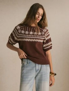 Poéselle Women's Casual Versatile Pullover, Fair Isle Pattern Short Sleeve, Suitable For Daily Wear,Women Fall Winter Sweater,Fashionable Tops - Brown - View 3