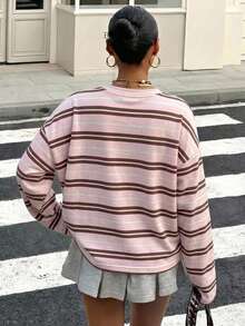 Muchica Plus Size Striped Colorblock Long Sleeve Crew Neck T-Shirt, College Style For Party - Multicolor - View 2