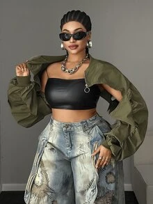 Maweii Plus Size Green Streetwear Cropped Jacket Fall - Green - View 6