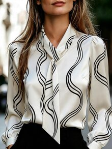 Penseblé Blus Elegan Lengan Panjang Motif Gelombang Hitam Putih Gaya Prancis LilyWest-D - Putih - View 3