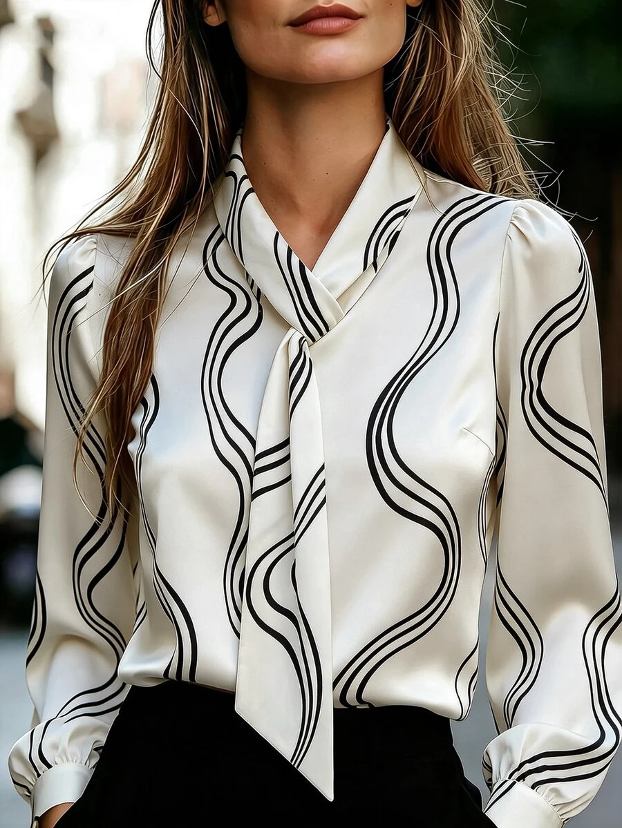 Penseblé French Style Ribbon Black & White Wavy Print Long Sleeve Elegant Commuter Draped Blouse LilyWest-D - White - View 1