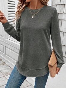SHEIN LUNE 女款素色休閒百搭日常長袖運動衫 - 深灰色 - 查看 4