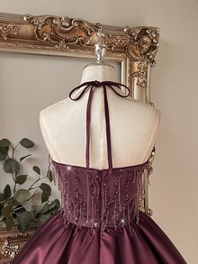 Lovelzi Elegant Romantic Fashion Berry Red Tassel Sequin Lace Patchwork Satin Halter Neck Design Oversized Flare Short Dress Suitable For Homecoming, Prom, Wedding, Party And Other Formal Occasions - Red Violet - View 5