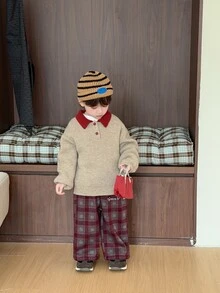 DAZY Infant (Boy) Contrast Color Turn Collar Long Sleeve Autumn/Winter Sweater - Apricot - View 8