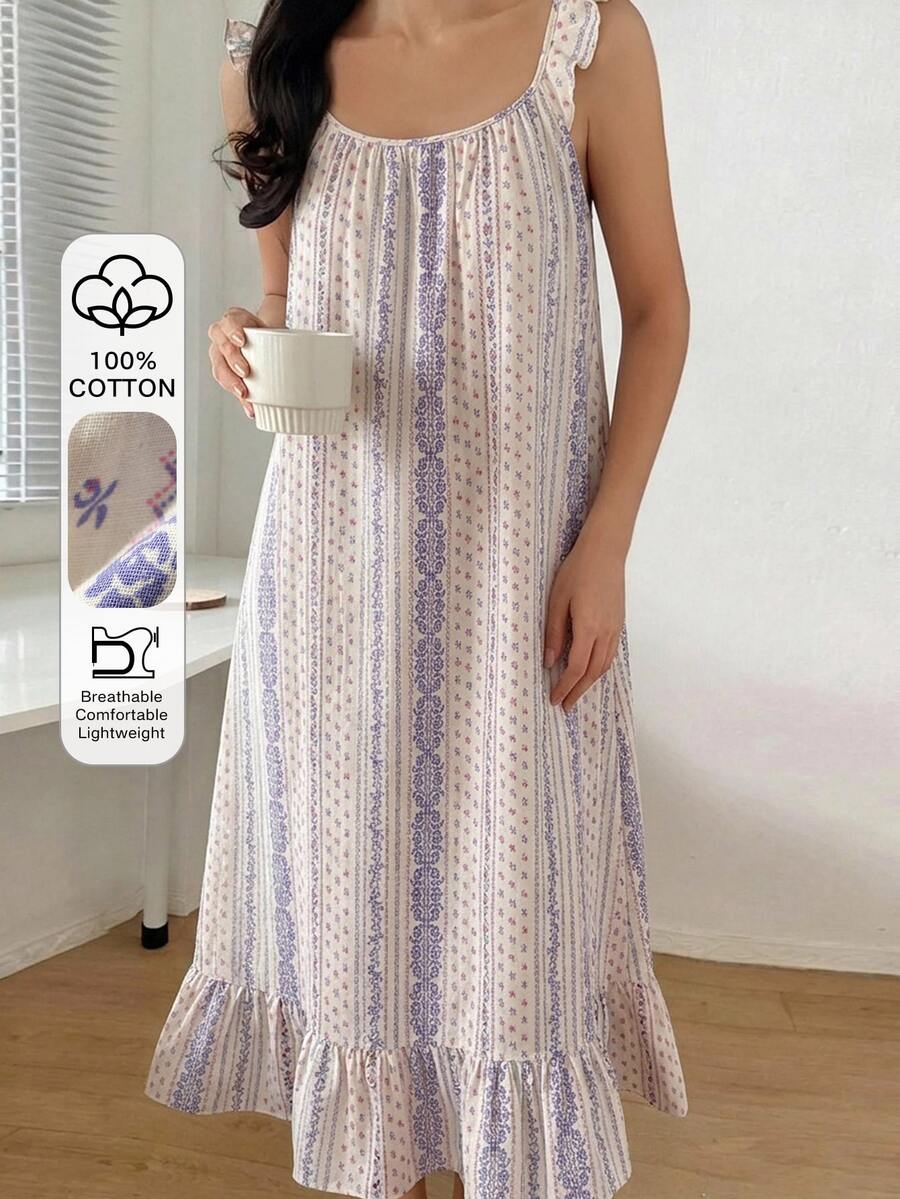 DAZY Vestido Longo de Dormir Feminino com Alças Finas e Babado Floral Delicado - Roxo - Visão 1