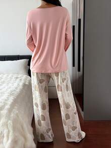 DAZY Women's Solid Color Long Sleeve Pocket Top And Pants Pajama Set - Pink - View 2