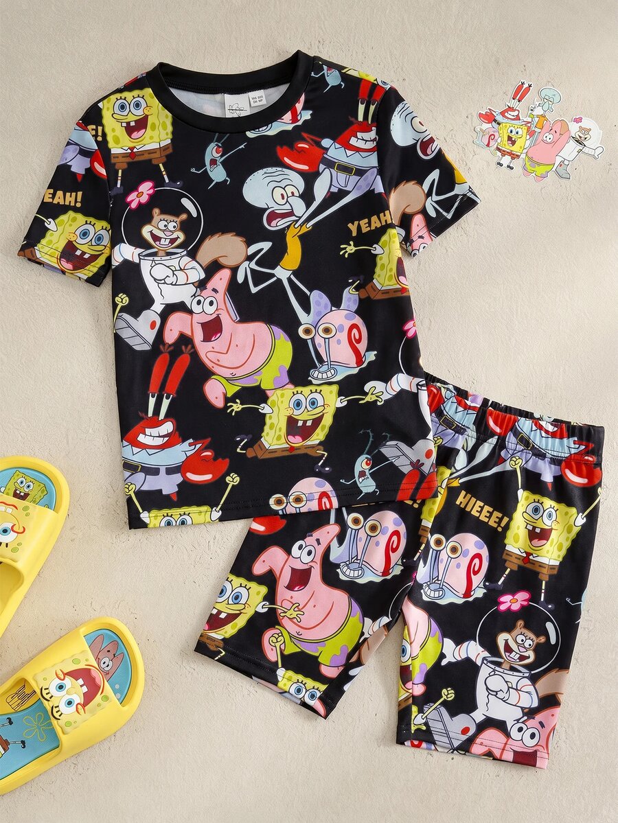SpongeBob SquarePants | SHEIN 小男孩圓領短袖上衣與短褲休閒套裝 - 黑色 - 查看 1