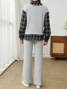 EMERY ROSE Women's Patchwork Plaid 2 In 1 Long Sleeve Top And Pants Casual Two Pieces Set - Grey - View 2
