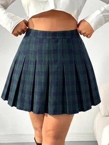 SHEIN EZwear Plus Size Women's Plaid Pleated Casual Vintage Elegant Versatile Mini Skirt Graduation Birthday Navy Blue Autumn - Green - View 4