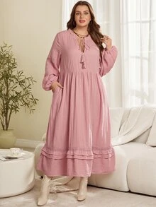 EMERY ROSE Plus Size Women's Solid Color Frill Trim Tassel Tie Neck Long Sleeve Dress - Dusty Pink - View 8