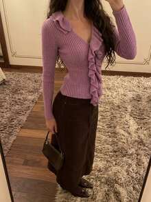 Allurite Autumn Elegant Purple Collar Placket Ruffle Design Fitted Romantic Vacation Streetwear Women's Sweater Top - Purple - View 3